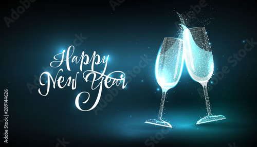 Happy New Year 2020. Glasses champagne in style Low poly wireframe on blue background. Banner or postcard. Effect Starry sky. Illustration with connected dots and lines. 3D vector wireframe mesh