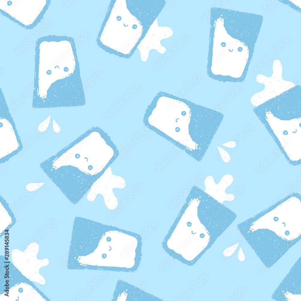 Cute glasses of milk seamless pattern with splashes of milk. Vector template for wrapping paper, bedding pattern for kids, print on clothes.