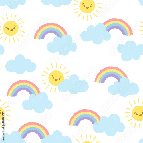 Rainbow doodle vector seamless background with sun and clouds. Design for fabric. Hand drawn cute abstract pattern.