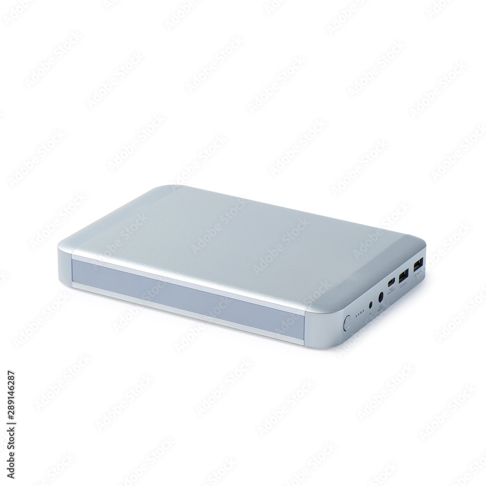 Power bank or battery bank for charging mobile devices. Portable external battery for smartphone charger isolated on white background. Power bank or battery bank for charging mobile devices. Portable external battery for smartphone charger isolated on white background.