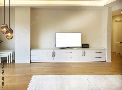 modern living room interior design television unit and lamp