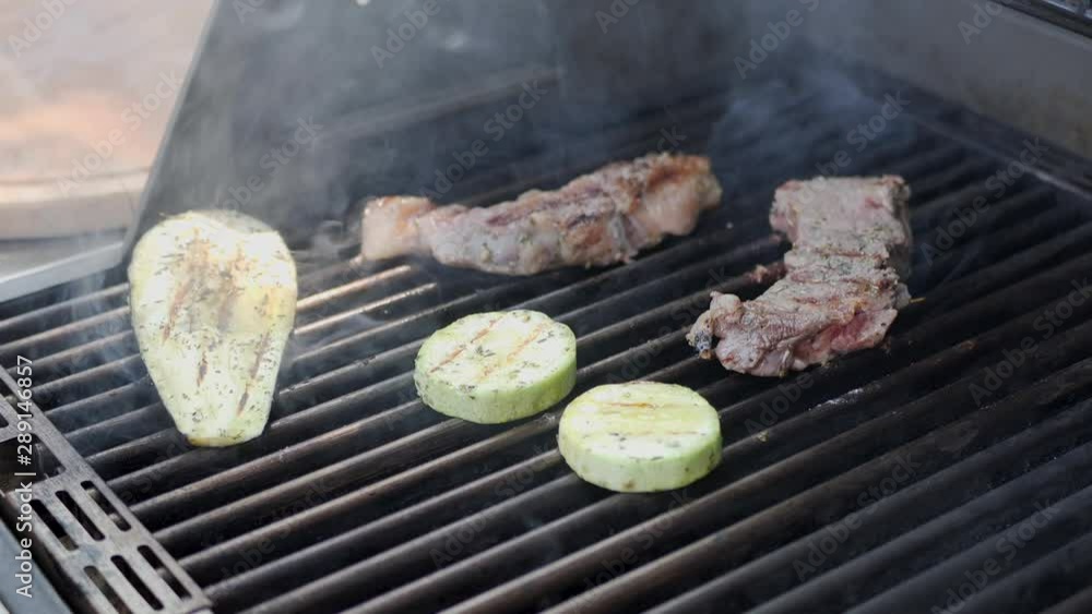 Zucchini and veal are grilled. Zucchini and veal are grilled.