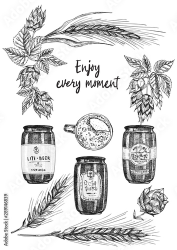 Set hand drawn sketch bottle and glasses beer, hop, wheat Vintage design bar, restaurant, cafe menu on white background. Graphic vector art Creative template for flyer, banner, poster