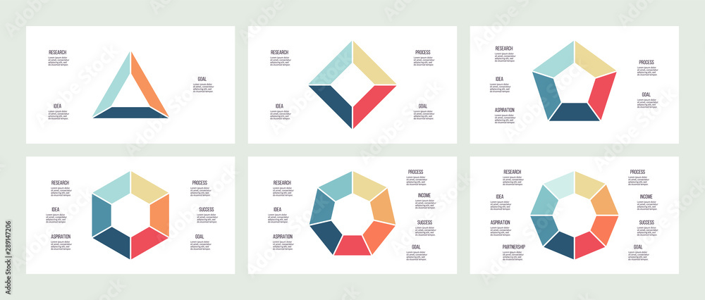 Business infographics. Triangle, square, pentagon, hexagon, heptagon, octagon. Charts with 3, 4, 5, 6, 7, 8 steps, options. Vector diagram. - obrazy, fototapety, plakaty 