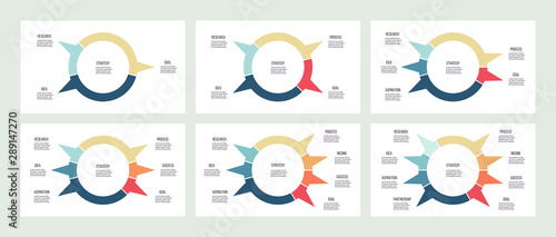 Business infographics. Circle with 3, 4, 5, 6, 7, 8 parts, arrows. Vector template.