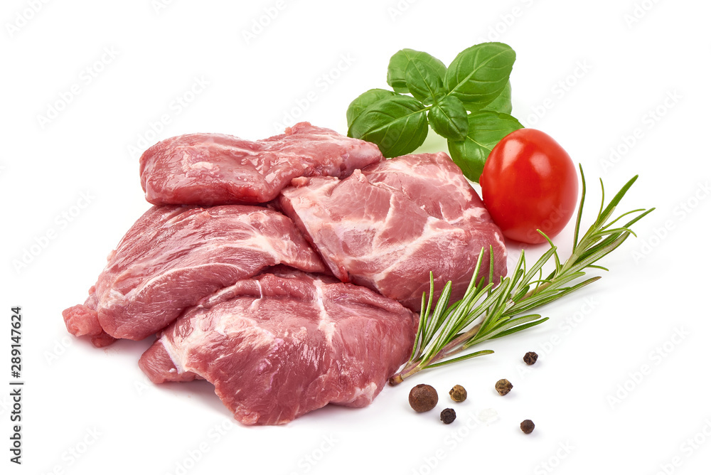 Raw pork meat, ingredients for goulash or kebab, isolated on white background Raw pork meat, ingredients for goulash or kebab, isolated on white background