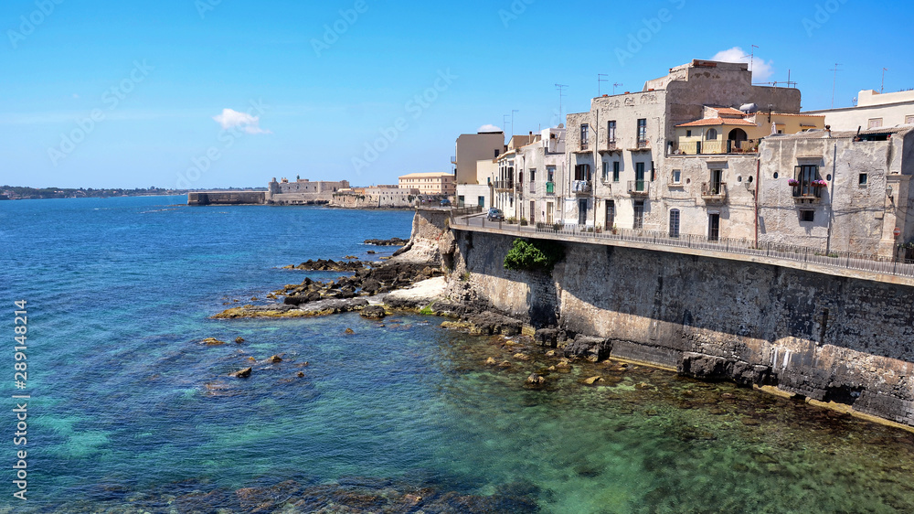 Coast of Ortigia island, historical centre of the city of Syracuse, Sicily.