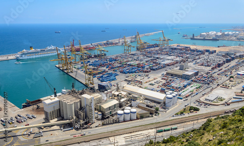 Top view of the industrial Port of Barcelona, one of Europe's major ports in the Mediterranean. (Montjuic Castle viewpoint).