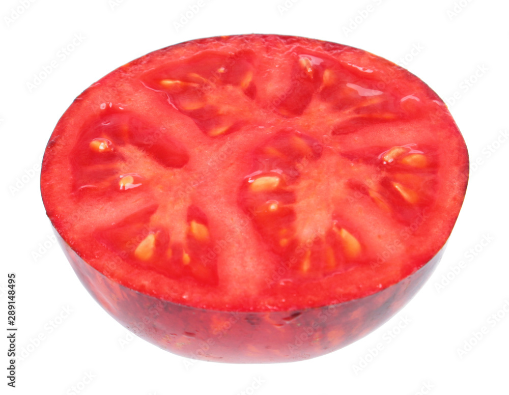 Ripe red tomato cut in half inside cross section isolated on white background Ripe red tomato cut in half inside cross section isolated on white background