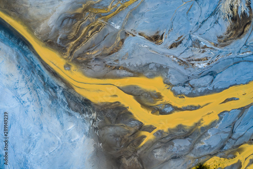 Obraz na płótnie Degraded landscape. Destroyed land. View from above. Surrealistic lake.Human impact on the environment. View from above. Photo captured with drone w salonie