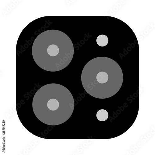 Triple camera  of a new mobile as black symbol icon. Three multifunction cameras of the modern smartphone. Abstract circles on a square rounded tablet similar to a cooker. Vector illustration