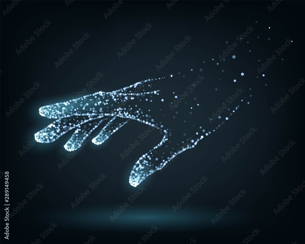 Hand of glowing blue particles, artificial arm, technology concept