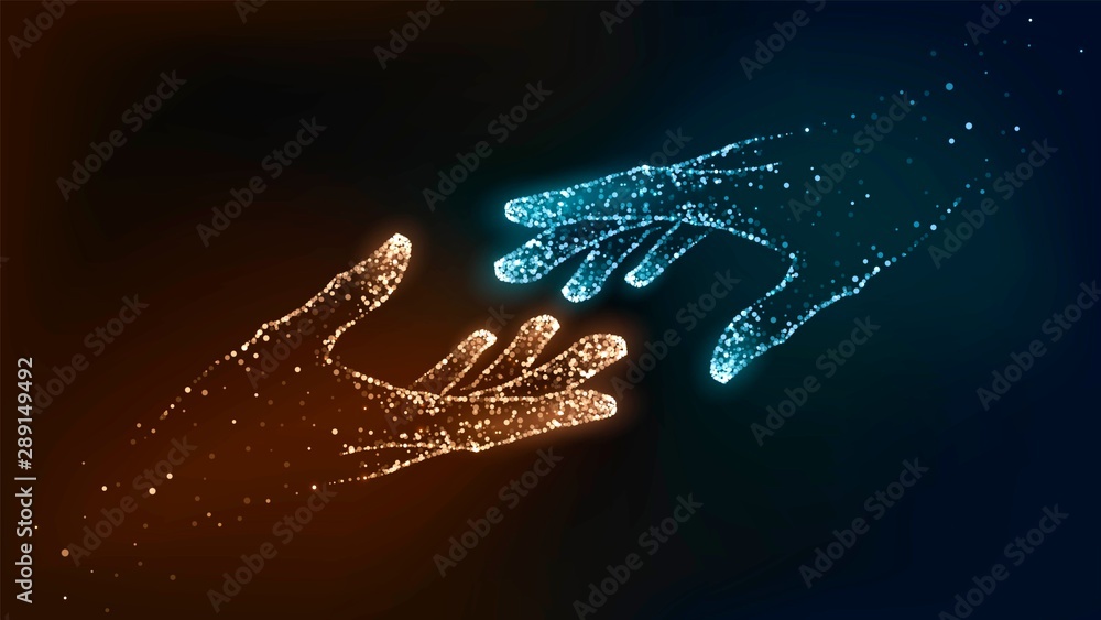 Two hands of glowing particles, orange and blue, help, support - obrazy, fototapety, plakaty 
