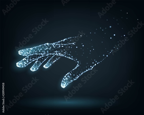 Hand of glowing blue particles, artificial arm, technology concept