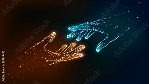Two hands of glowing particles, orange and blue, help, support