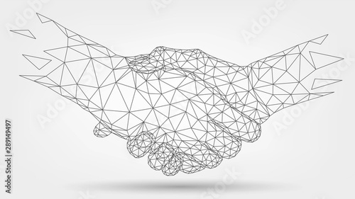 Two wire-frame hands, handshaking, partners, friendship or business partnership, technology, business, trust concept
