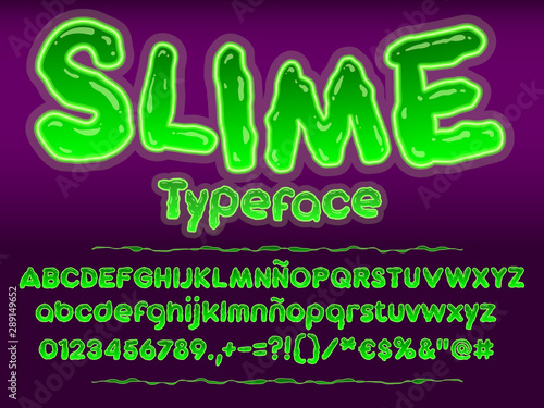 Green glowing toxic slime font. Halloween vector alphabet