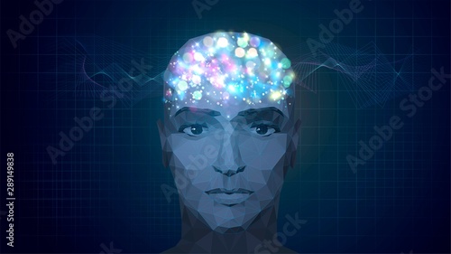 Low poly human head with a luminous brain, consciousness, artificial intelligence