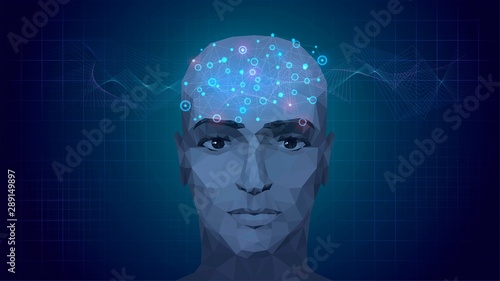 Low poly human head with a luminous brain, consciousness, artificial intelligence