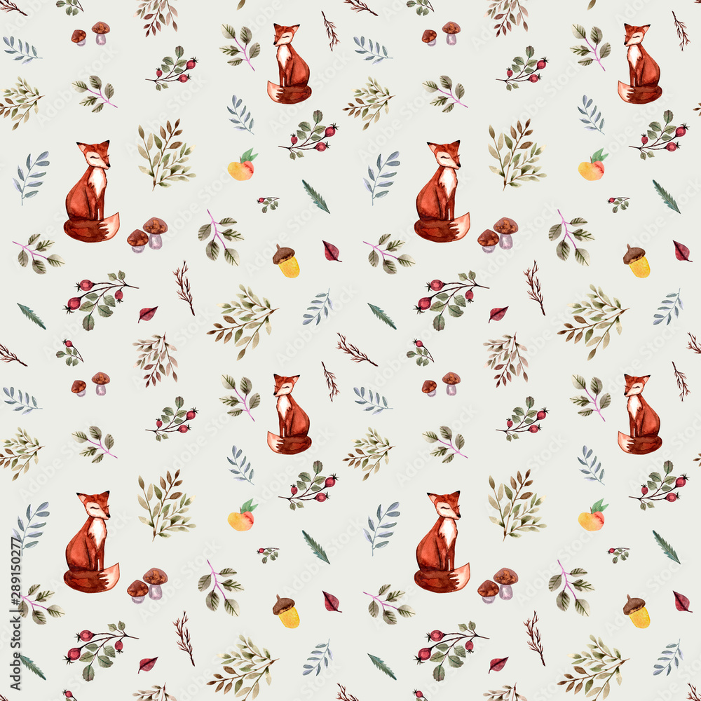 Fototapeta Cute fox seamless pattern, wolf hand drawn forest background with flowers and leaves, watercolor illustration.Design for kids textile, wallpaper, poster