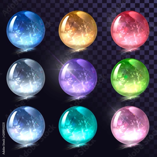 Vector set of sparkling crystal balls, shiny round shapes
