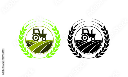 Agriculture and farming with a tractor with cultivator and plow, logo design. Agribusiness, eco-farm and rural country, vector design. Farm industries and agronomy, illustration, 