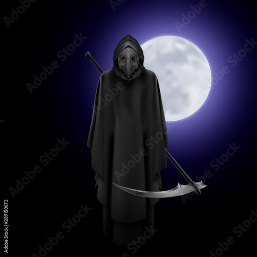 Terrifying Plague Doctor Over Full Moon Background. Medieval Death Symbol Plague Doctor Mask for Web, Poster, Info Graphic