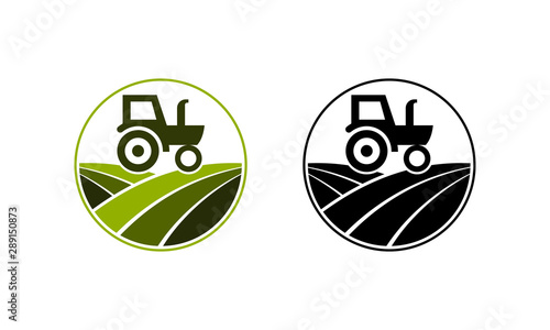 Agriculture and farming with a tractor with cultivator and plow, logo design. Agribusiness, eco-farm and rural country, vector design. Farm industries and agronomy, illustration, 