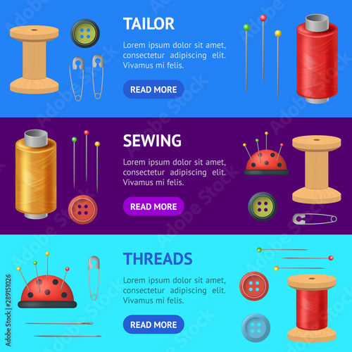 Realistic Detailed 3d Sewing Supplies for Tailoring and Needlework Banner Horizontal Set. Vector