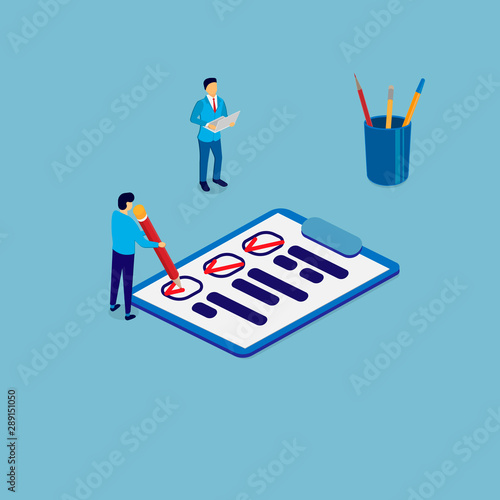 Business people leave notes in a notebook. Training. Performance of tasks. Vector illustration