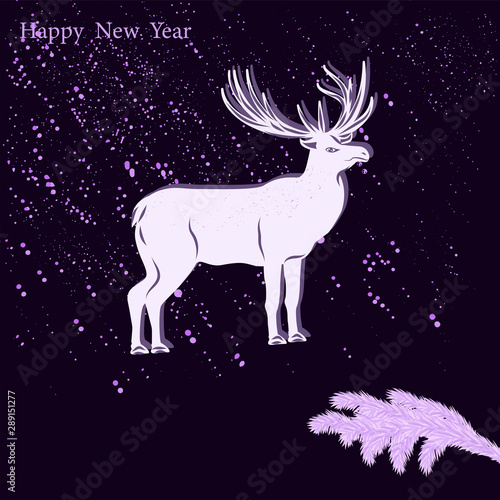 White deer, spruce branch, abstract drops on a dark purple background - vector Happy New Year 2020. Christmas. © istorsvetlana