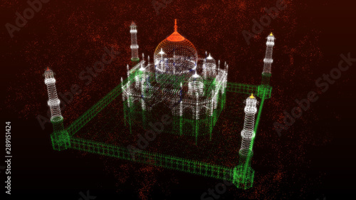 3D Illustration  Modern and Advance 3d Illustration of Taj Mahal Glowing Particles lines and doted Taj Mahal 8K India Landmark Black Background Aerial View Indian Flag Colors