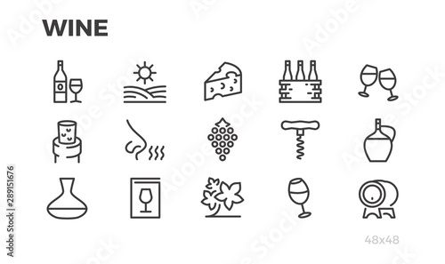Wine  Grapes  Wine Bottles and Glasses. Vector icons. Editable line.