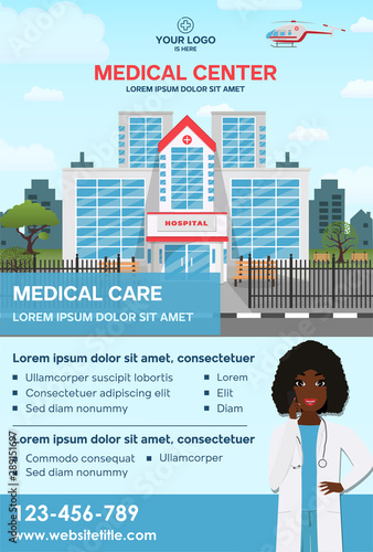Stylish Medical Care template for Medical Center with illustration for Brochure, Flyer, Magazine, Poster, Corporate Presentation, infographic, marketing material. Vector template in A4 size