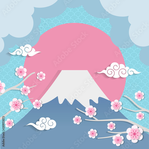 Fuji mountain and sakura in paper cut style. 