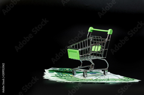 A shopping cart stands on euro banknotes .