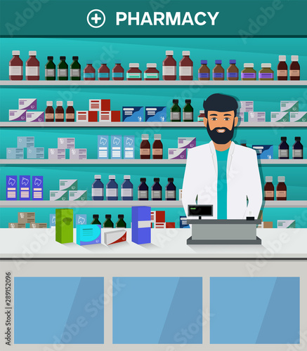 Man pharmacist at the counter in a pharmacy opposite the shelves with medicines. Sale of vitamins and medications. Vector illustration in flat style