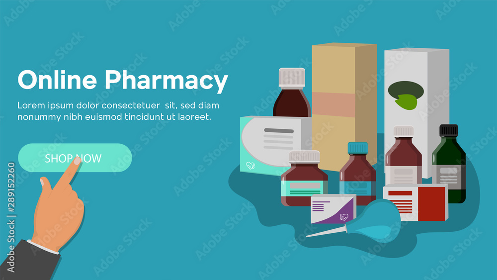 Pharmacy online in the flat style isolated. Online pharmacy and pointing hand to call to action. Vector illustration Pharmacy online in the flat style isolated. Online pharmacy and pointing hand to call to action. Vector illustration