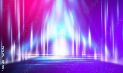 Ultraviolet abstract light. Diode tape  light line. Violet and pink gradient. Modern background  neon light. Empty stage  spotlights  neon. Abstract light.