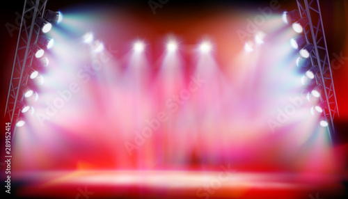 Stage illuminated by spotlights during the show on the stadium. Red background. Vector illustration.