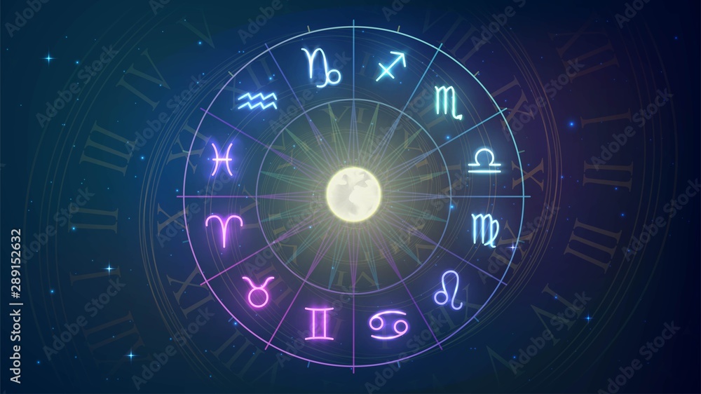 Wheel with twelve signs of the zodiac in night sky, astrology, esotericism, prediction of the future. Wheel with twelve signs of the zodiac in night sky, astrology, esotericism, prediction of the future.