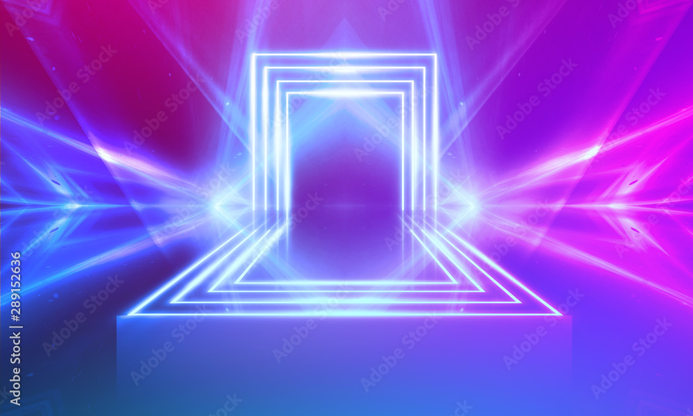 Fototapeta premium Ultraviolet abstract light. Light tunnel and laser lines. Violet and pink gradient. Modern background, neon light. Empty stage, spotlights, neon. Abstract light.