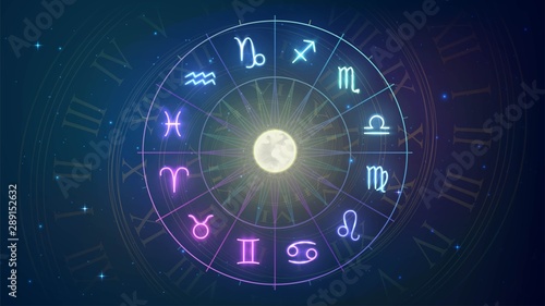 Wheel with twelve signs of the zodiac in night sky, astrology, esotericism, prediction of the future.