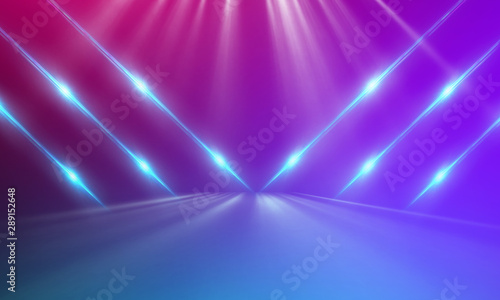 Ultraviolet abstract light. Light tunnel and laser lines. Violet and pink gradient. Modern background, neon light. Empty stage, spotlights, neon. Abstract light.