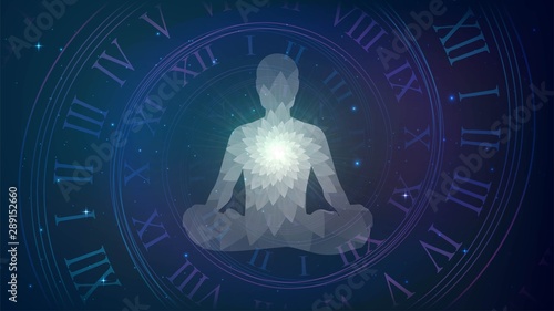 Silhouette of human sitting in the lotus position on cosmos background. Meditation, yoga, trans