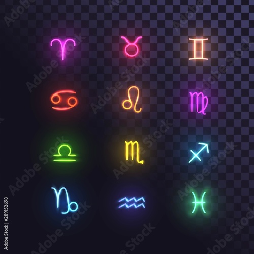 Set of glowing signs of the zodiac, astrology, esotericism, prediction of the future.