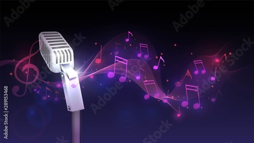 Microphone and luminous notes, music, songs, pop concert