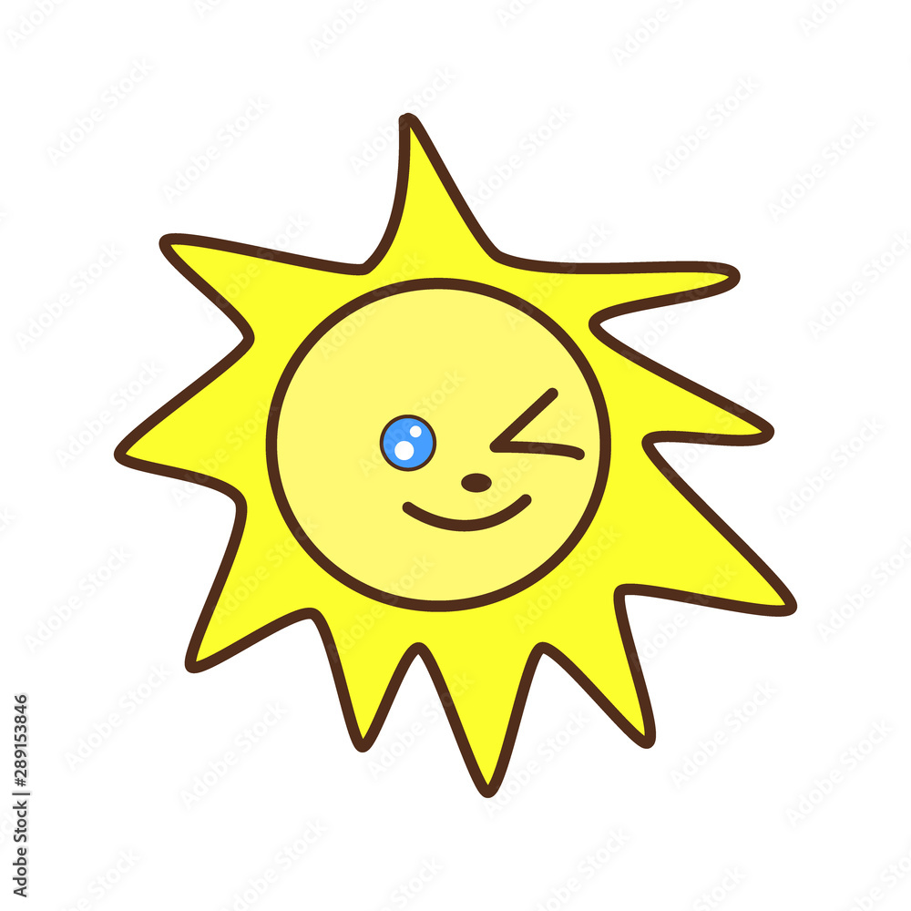 Cute bright yellow kawaii the sun shines, smiles and winks with one eye.