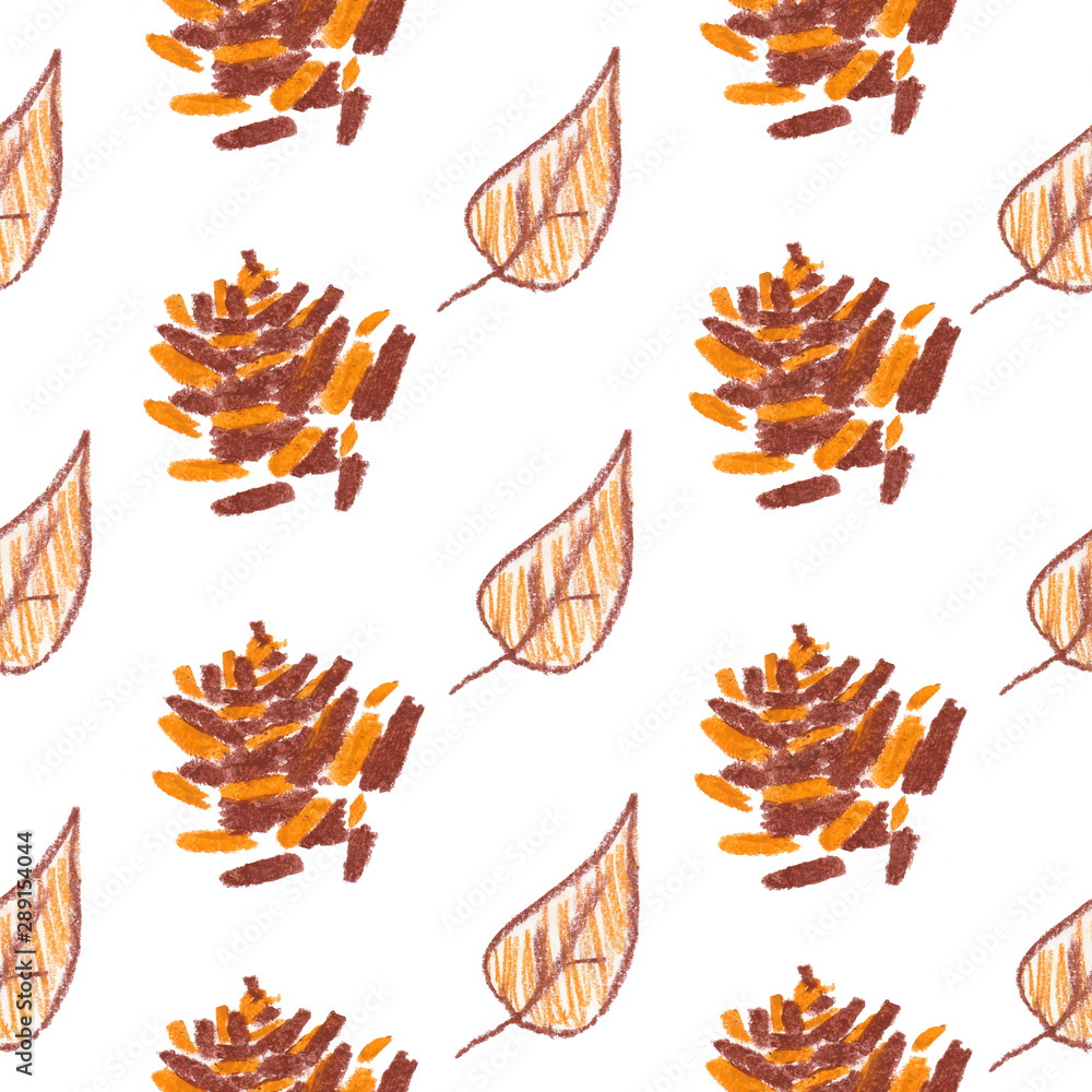 Seamless pattern with squirrel, cones and leaves painted with wax crayons. Autumn print in brown, orange and grey colors on a white isolated background. Design for wallpaper, wrapping paper, textiles. Seamless pattern with squirrel, cones and leaves painted with wax crayons. Autumn print in brown, orange and grey colors on a white isolated background. Design for wallpaper, wrapping paper, textiles.