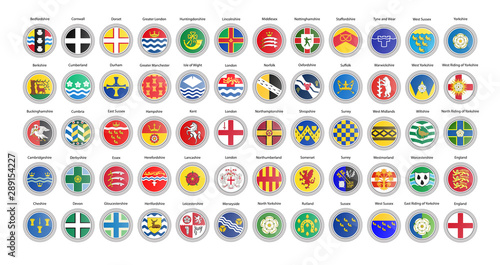 Set of vector icons. Counties of England flags. 3D illustration.